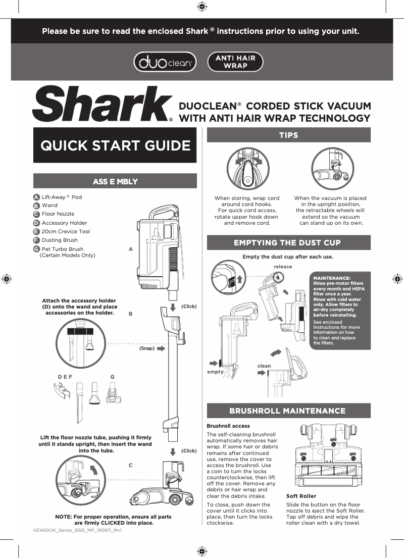 Page 1 de la notice Guide de démarrage rapide Shark DuoClean HZ400UKT