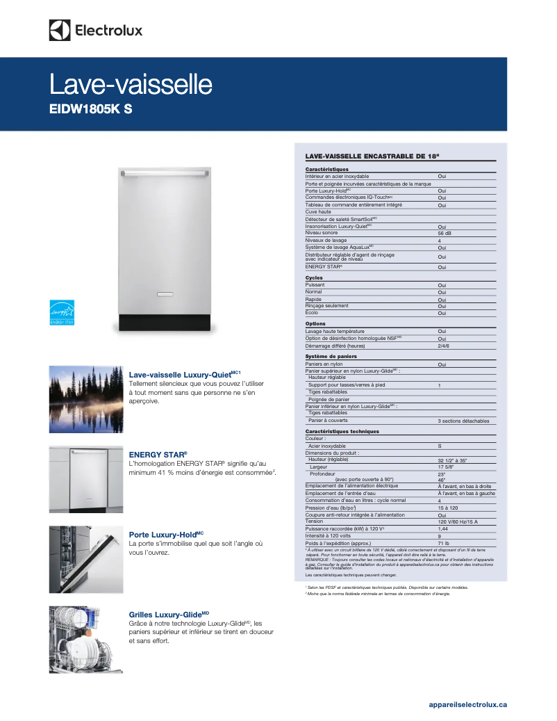 Page 1 de la notice Fiche technique Electrolux EIDW1805KS