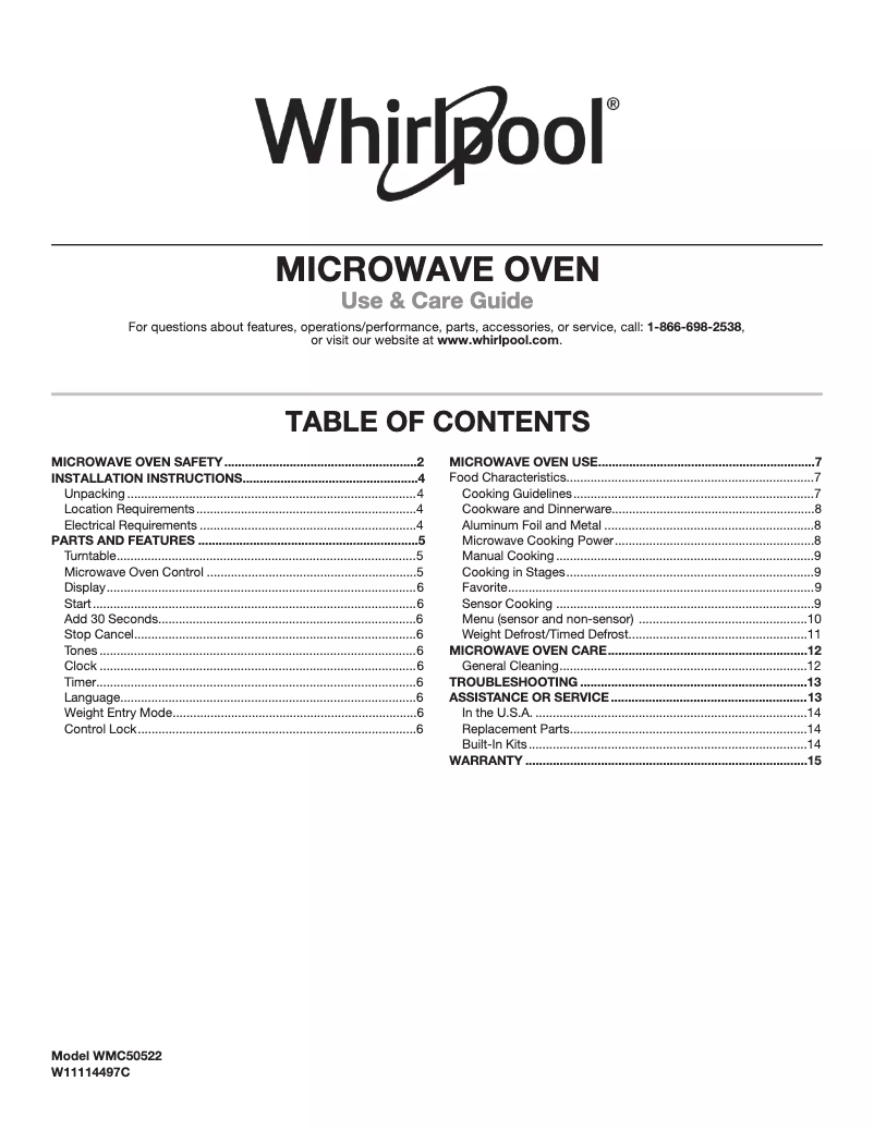 Page 1 de la notice Informations de garantie Whirlpool WMC50522HZ