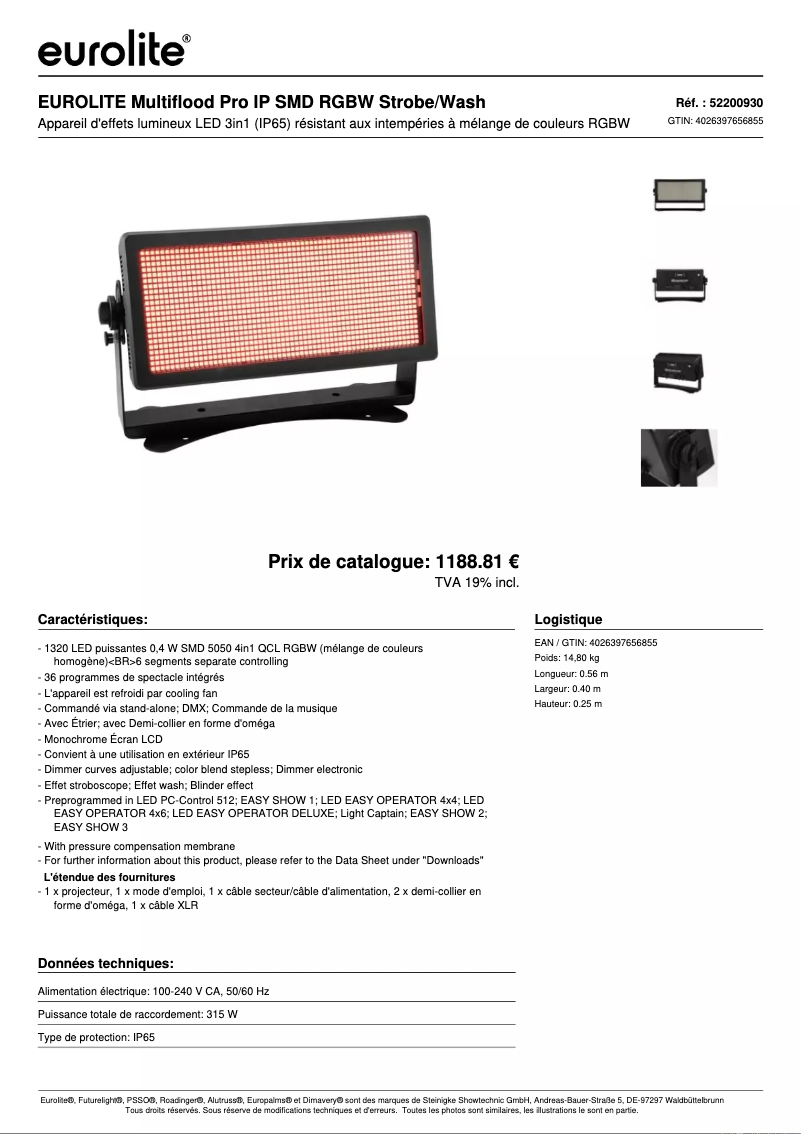 Page 1 de la notice Fiche technique Eurolite Multiflood Pro