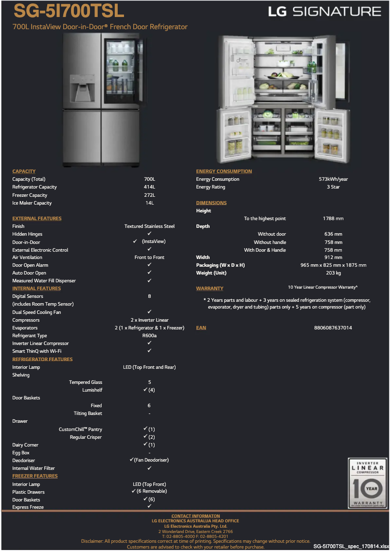 Page 1 de la notice Fiche technique LG SG-5I700TSL