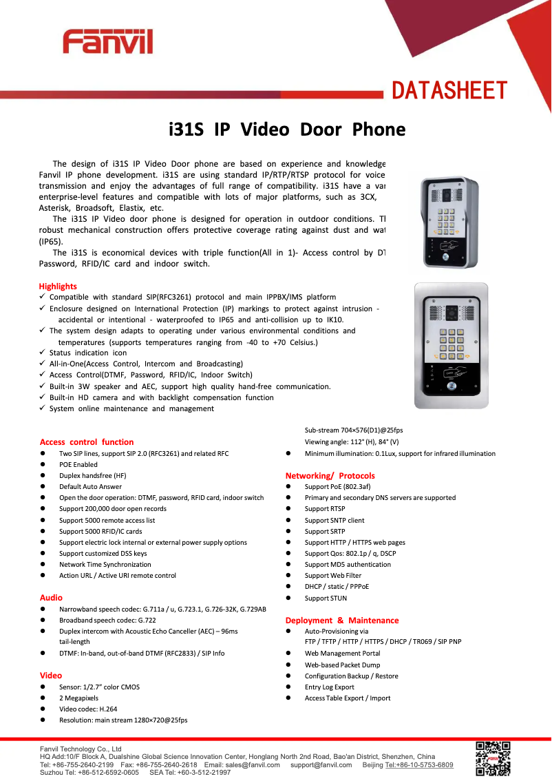 Page 1 of the manual Technical Sheet Fanvil I31s