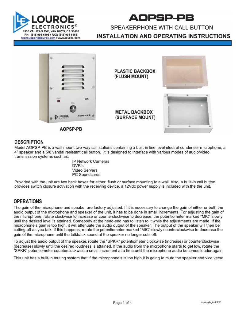 Page 1 de la notice Manuel utilisateur Louroe Electronics AOP-SP-PB