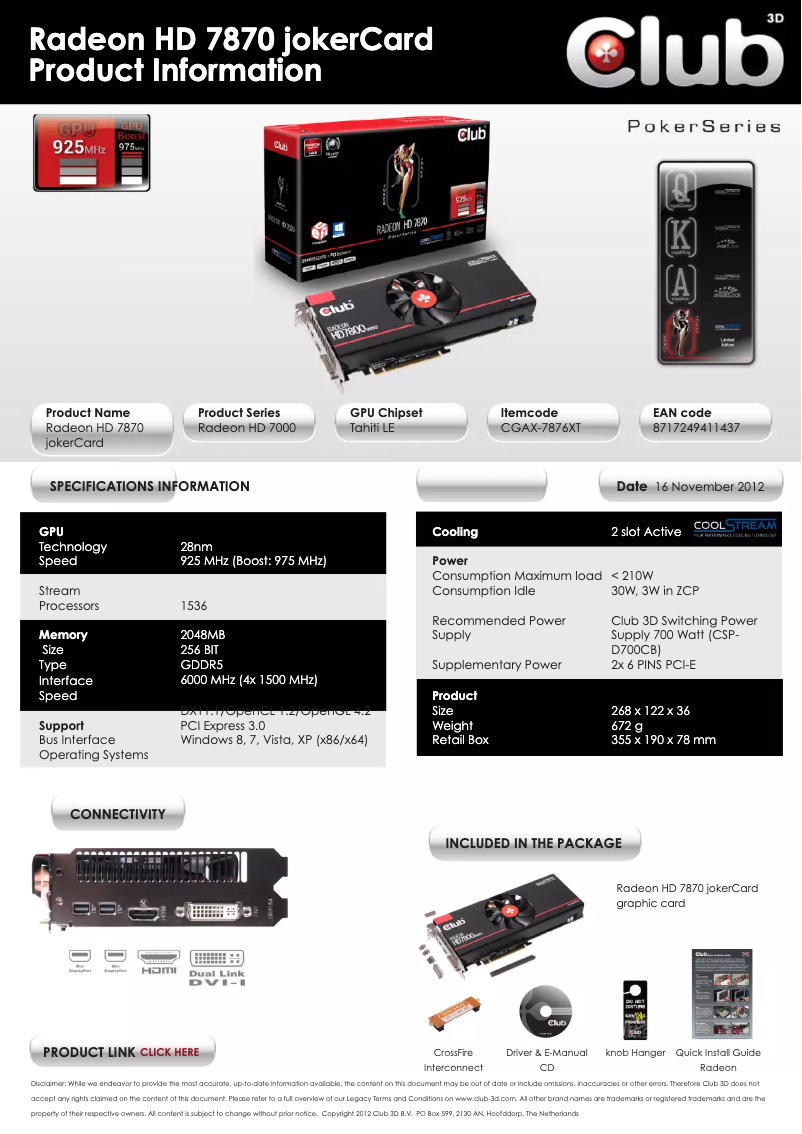 Page 1 de la notice Manuel utilisateur CLUB3D Radeon HD 7870XT jokerCard