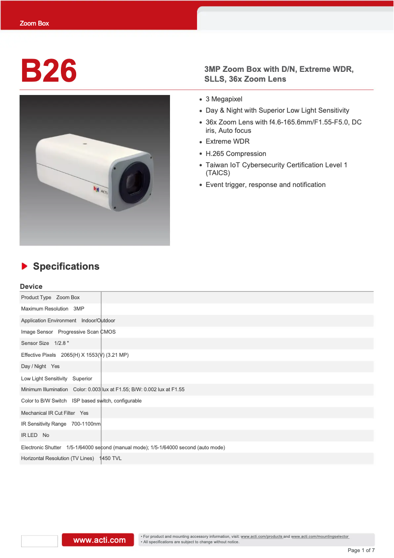 Page n°1 - Fiche technique ACTi B26