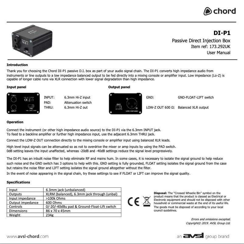 Page n°1 - Manuel utilisateur Chord DI-P1