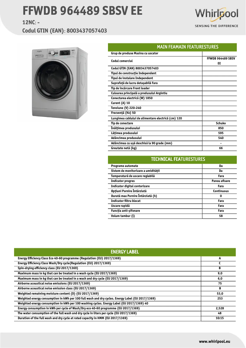 Página 1 del manual Ficha técnica Whirlpool FFWDB 964489 SBSV EE