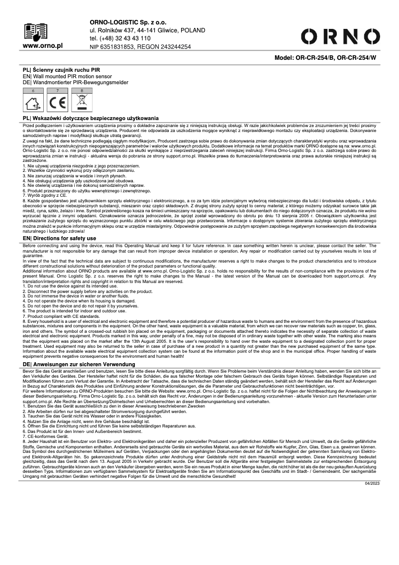 Page 1 de la notice Manuel utilisateur ORNO OR-CR-254