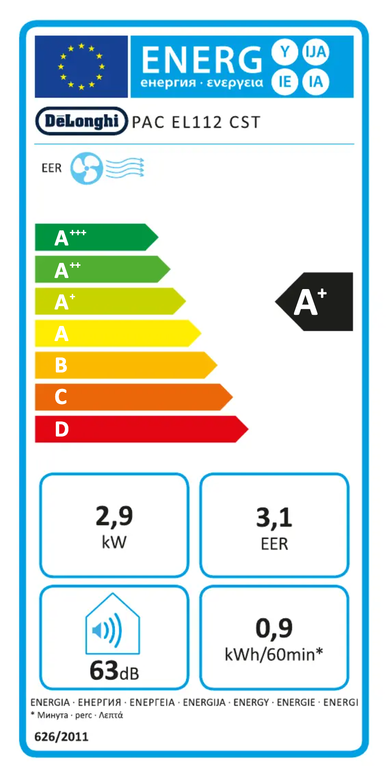 Page 1 de la notice Label énergétique DeLonghi Pinguino PAC EL112 Silent CST