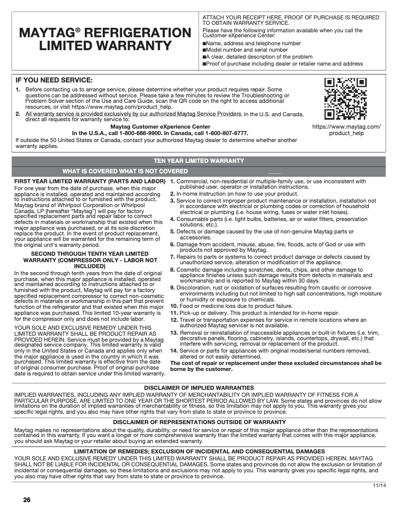 Page n°1 - Informations de garantie Maytag MSC21C6MFZ
