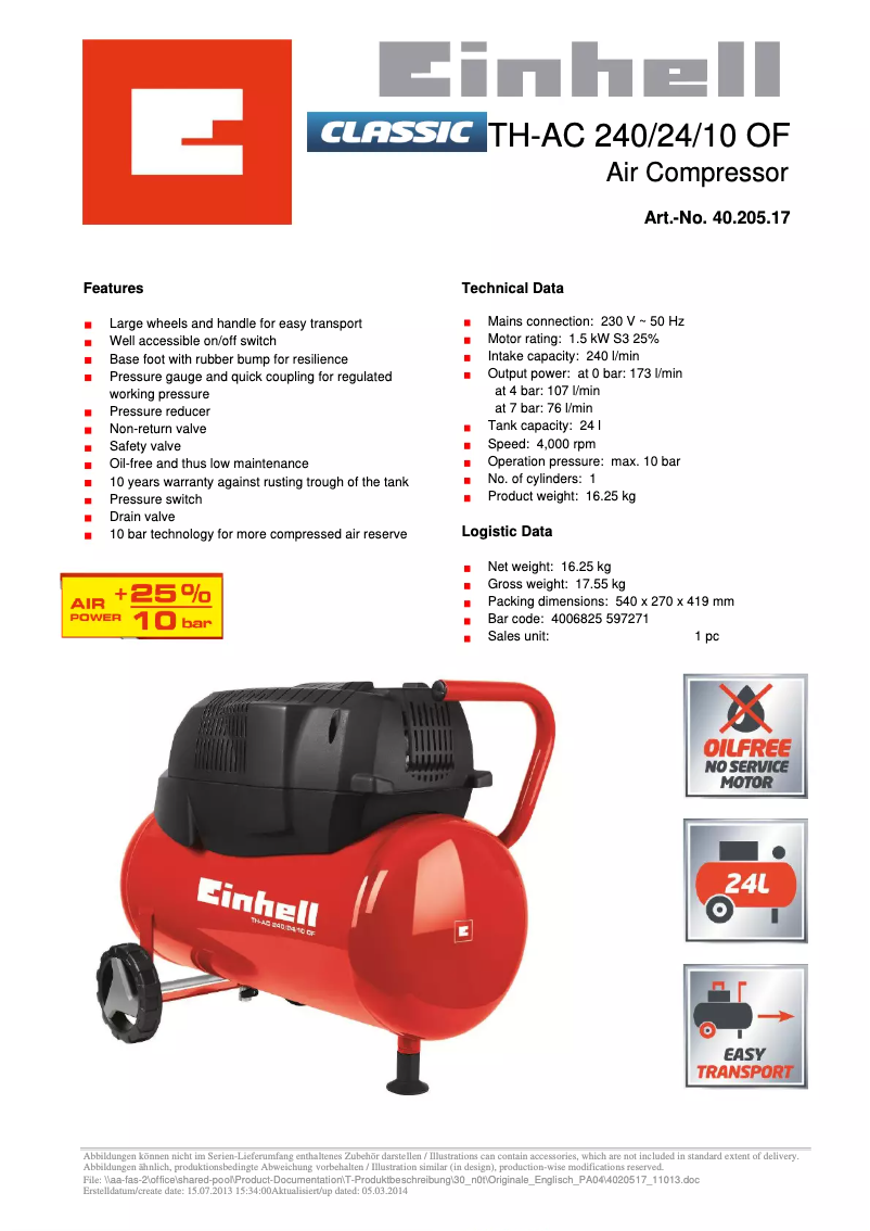 Page 1 de la notice Fiche technique Einhell TH-AC 240/24/10 OF