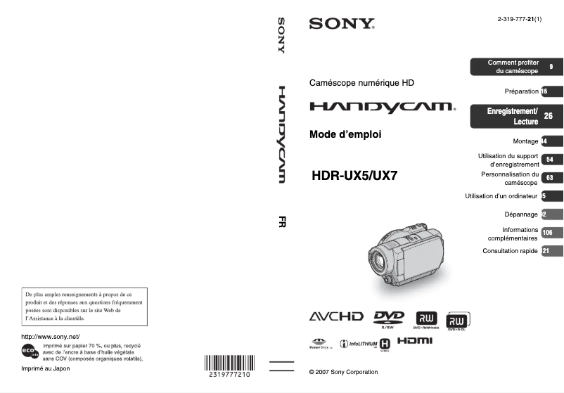 Page n°1 - Manuel utilisateur Sony HDR-UX7