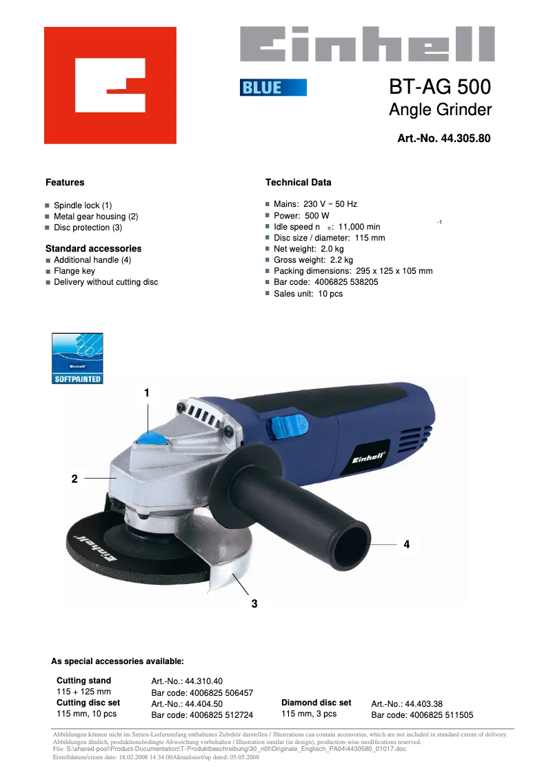 Page 1 de la notice Manuel utilisateur Einhell BT-AG 500