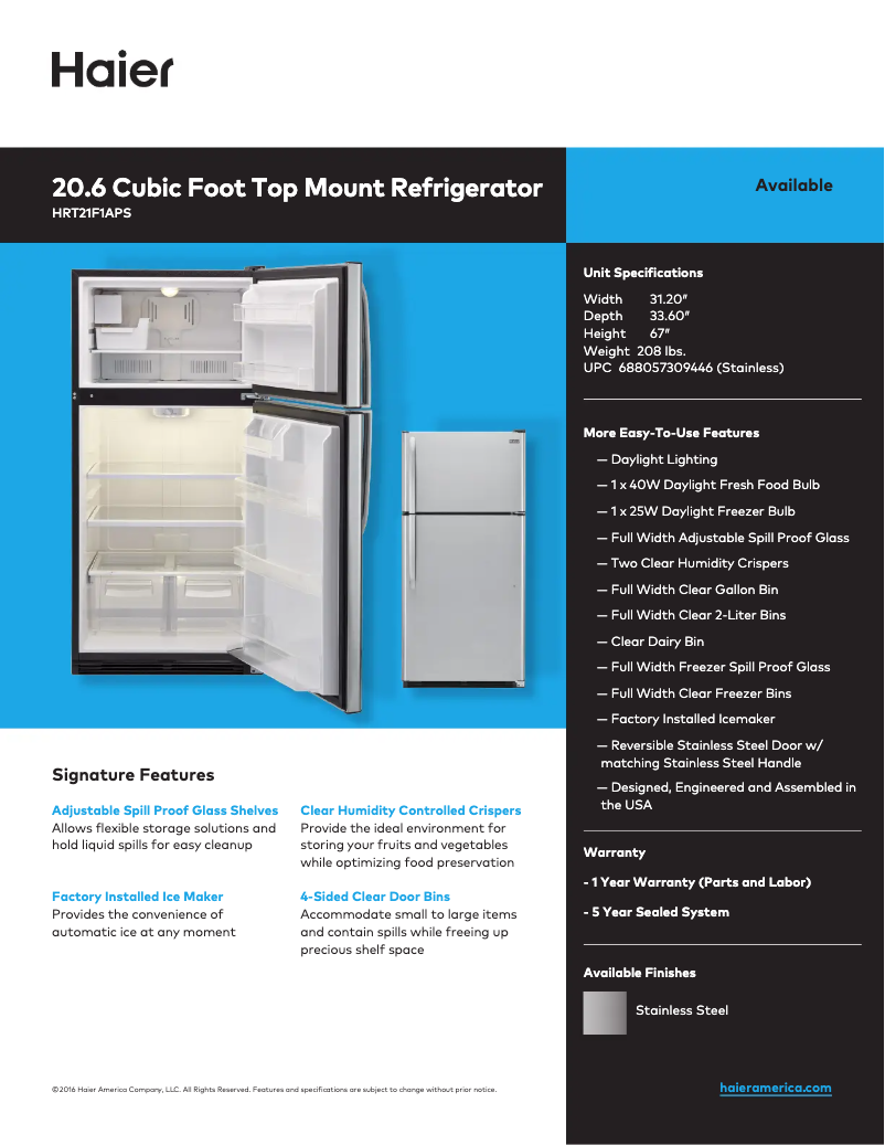 Page n°1 - Fiche technique Haier HRT21F1APS