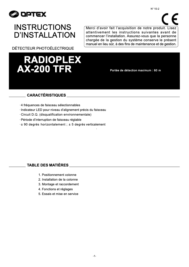 Page n°1 - Manuel utilisateur Optex AX-200TFR