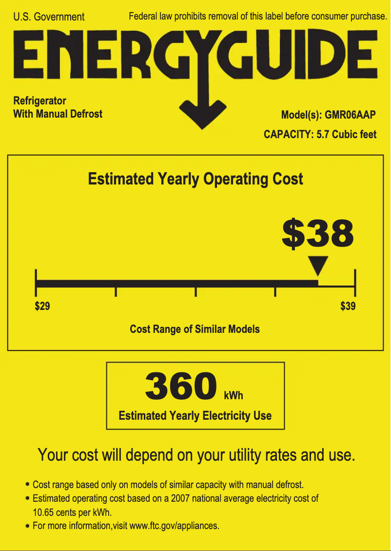 Page 1 de la notice Label énergétique GE Spacemaker GMR06AAPBB