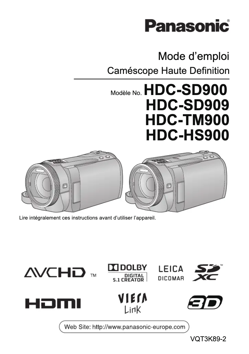 Image de la première page du manuel de l'appareil HDC-SD900