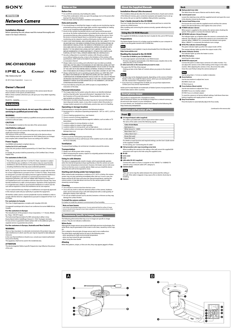 Page 1 de la notice Guide d'installation Sony SNC-CH160