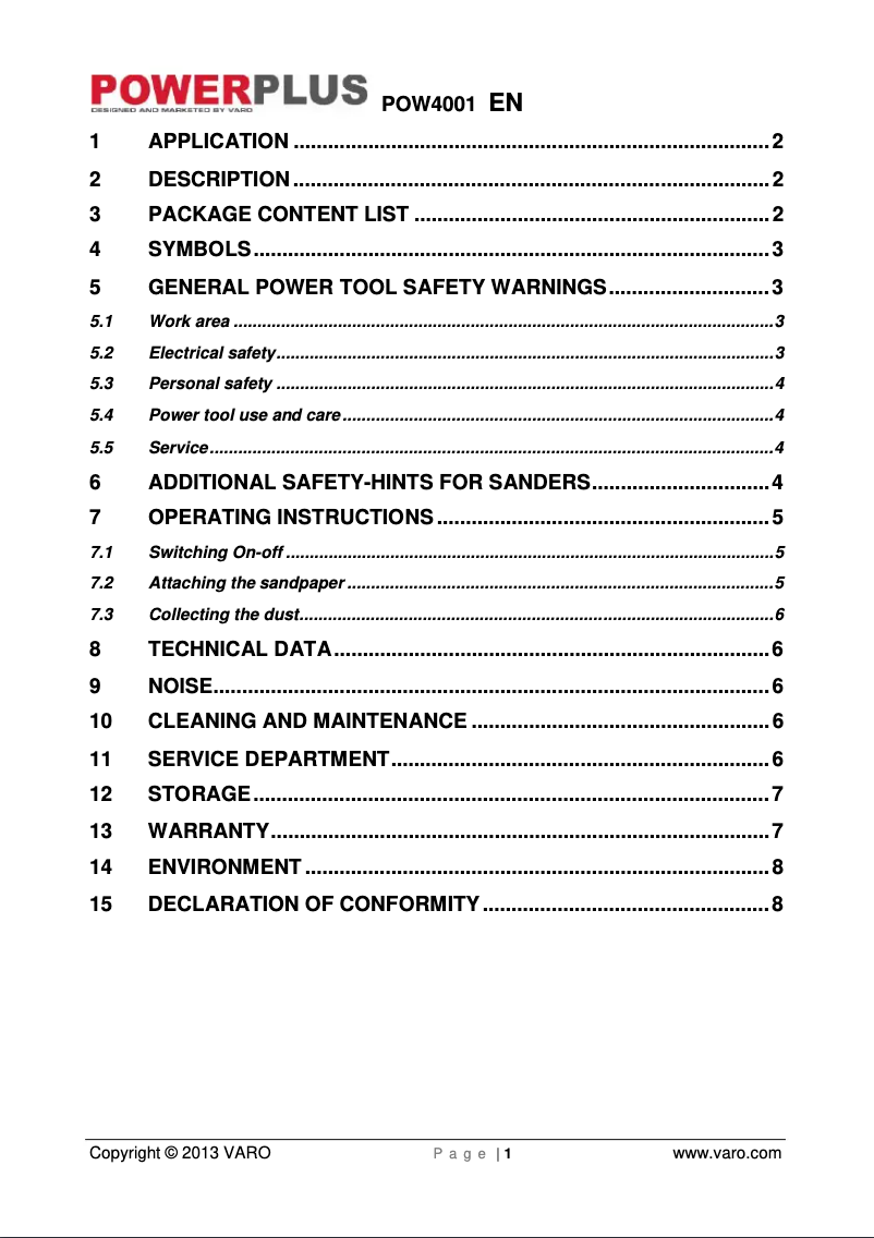 Page n°1 - Manuel utilisateur PowerPlus POW4001