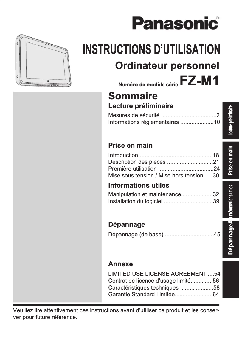 Image de la première page du manuel de l'appareil Toughpad FZ-M1