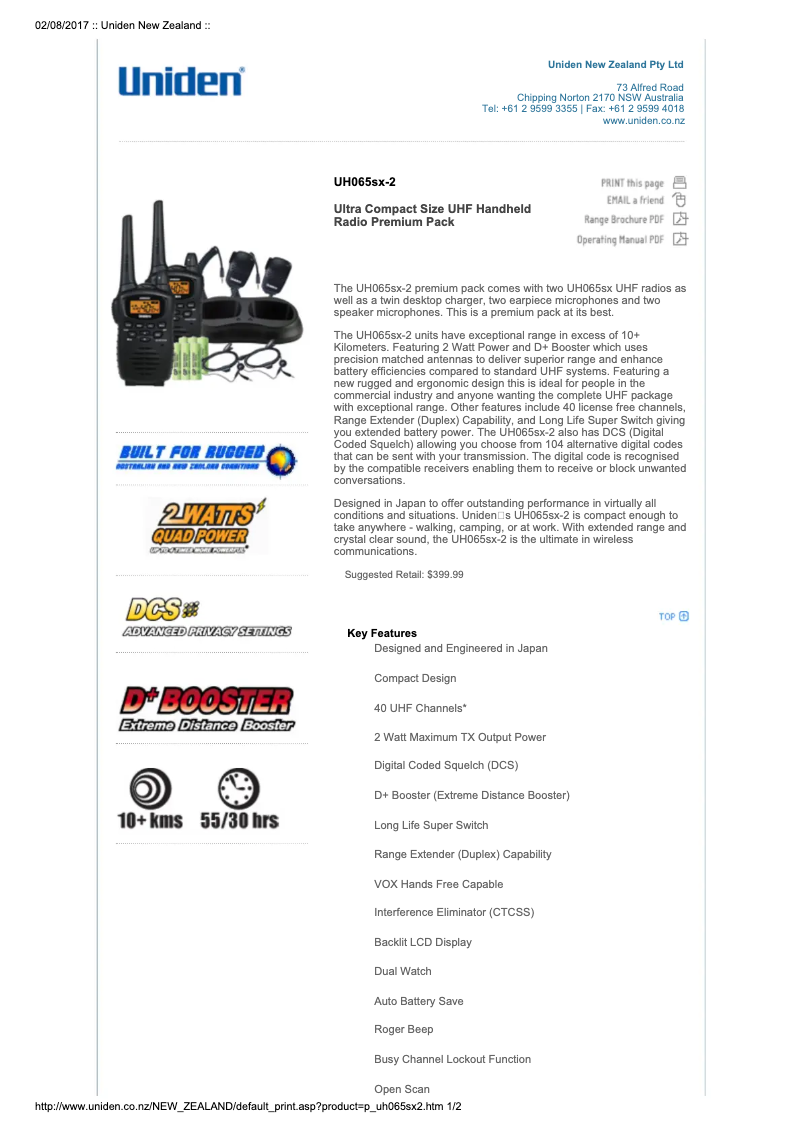 Page 1 de la notice Manuel utilisateur Uniden UH065SX