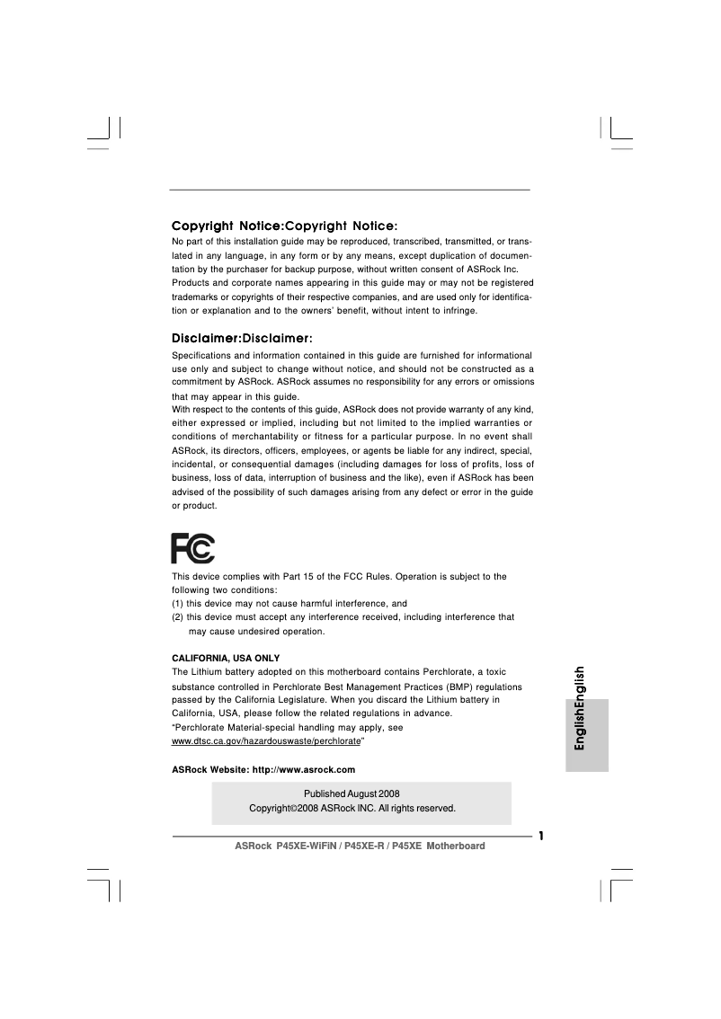 Page n°1 - Manuel utilisateur Asrock P45XE-WiFiN