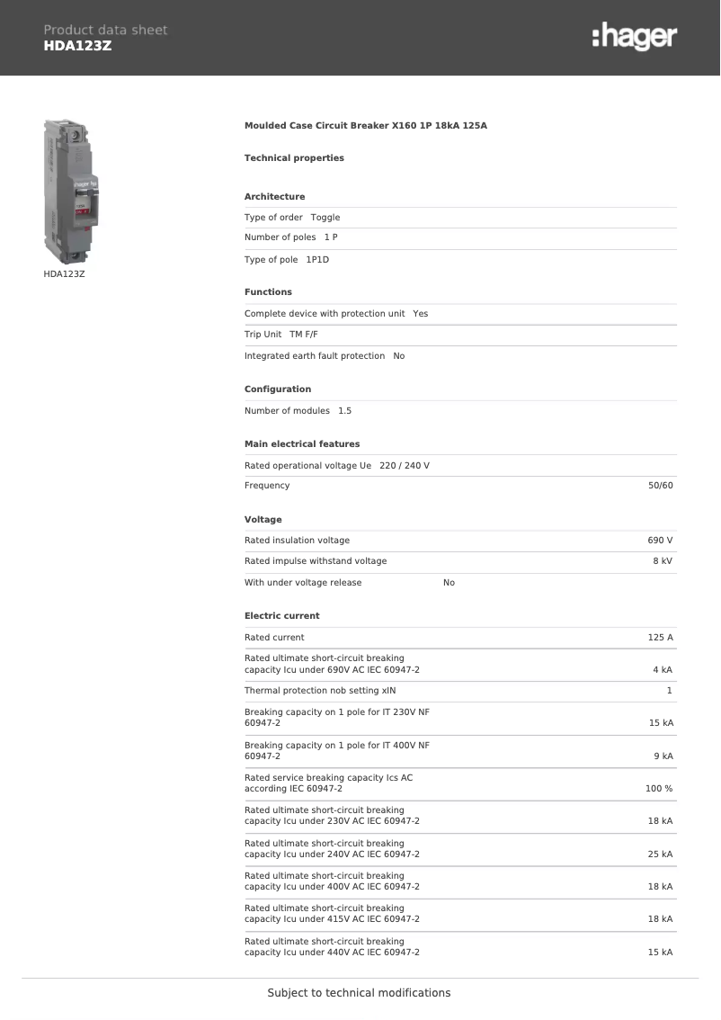Page 1 de la notice Fiche technique Hager HDA123Z