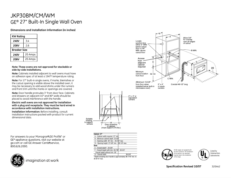 Page 1 de la notice Fiche technique GE JKP30BMBB