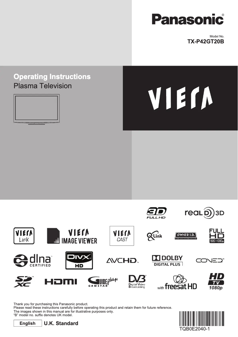 Page 1 de la notice Manuel utilisateur Panasonic TX-P42GT20B