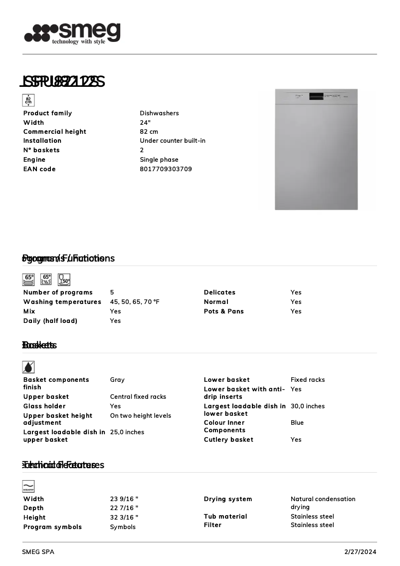 Page n°1 - Fiche technique Smeg LSPU8212S