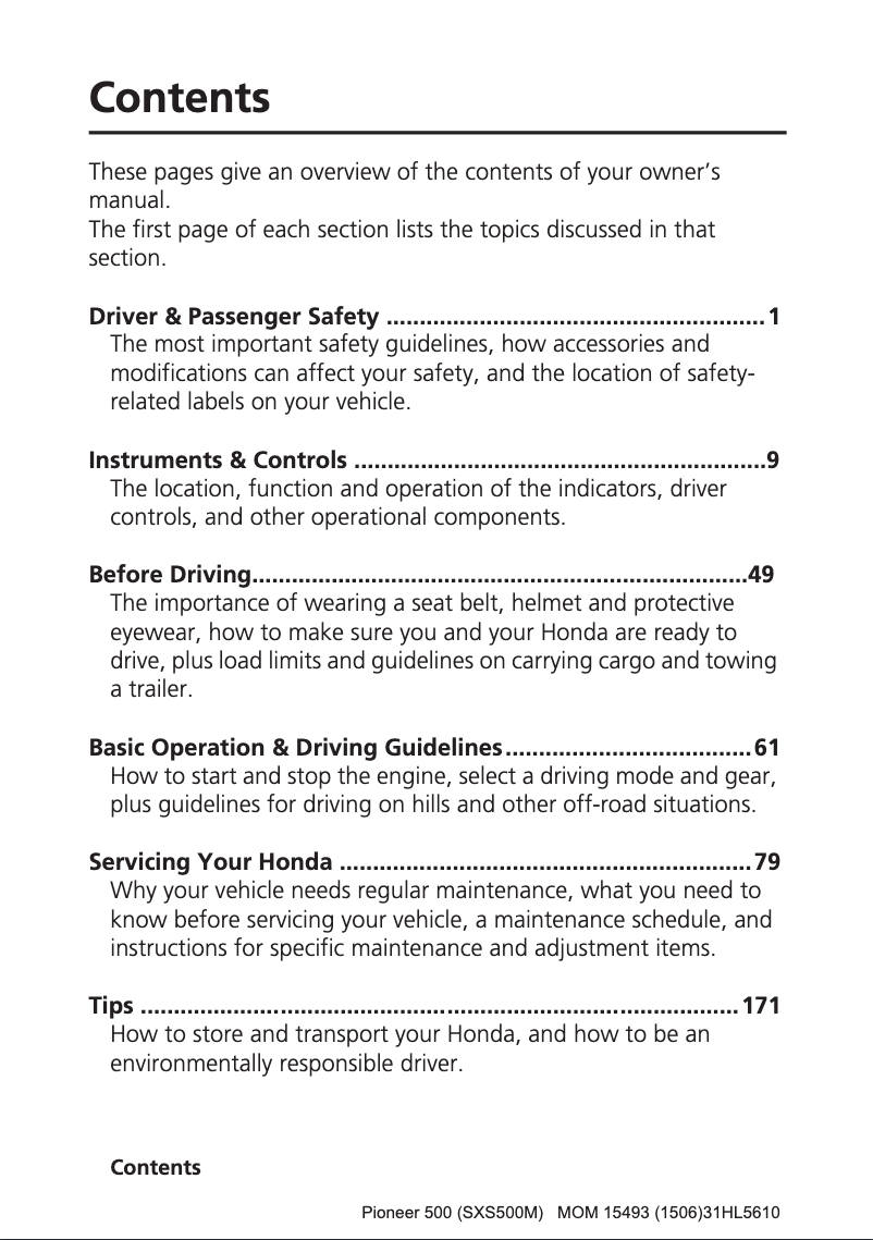 Página 1 del manual Manual de usuario Honda Pioneer 500 (2016)