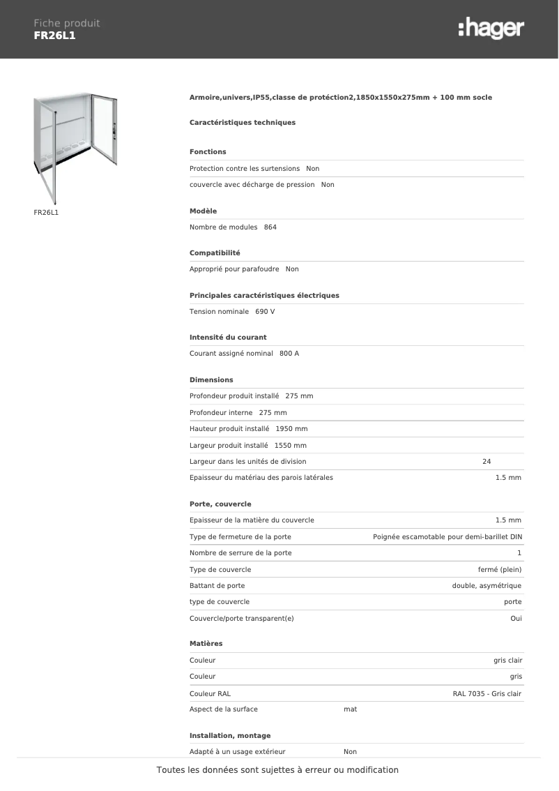 Page n°1 - Fiche technique Hager FR26L1