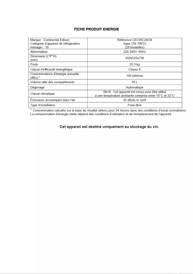 Page n°1 - Label énergétique Continental Edison CECWC28CB