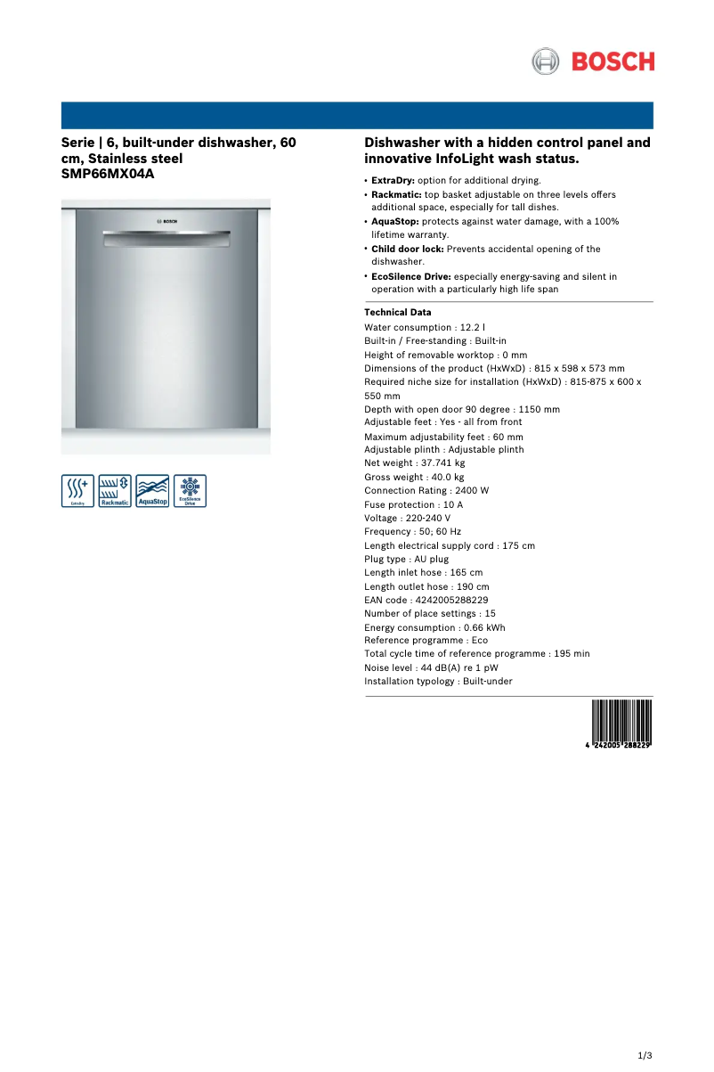 Página 1 del manual Ficha técnica Bosch SMP66MX04A