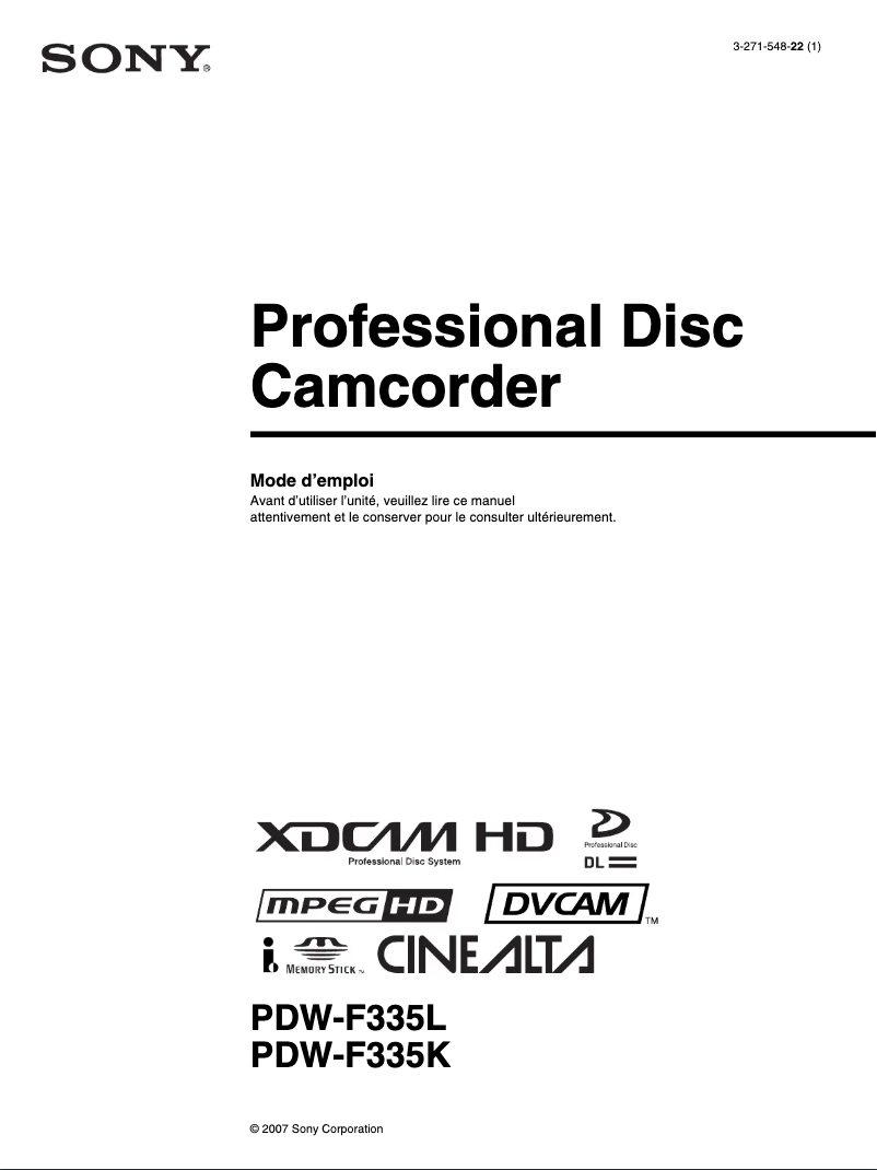 Page 1 de la notice Manuel utilisateur Sony PDW-F335L