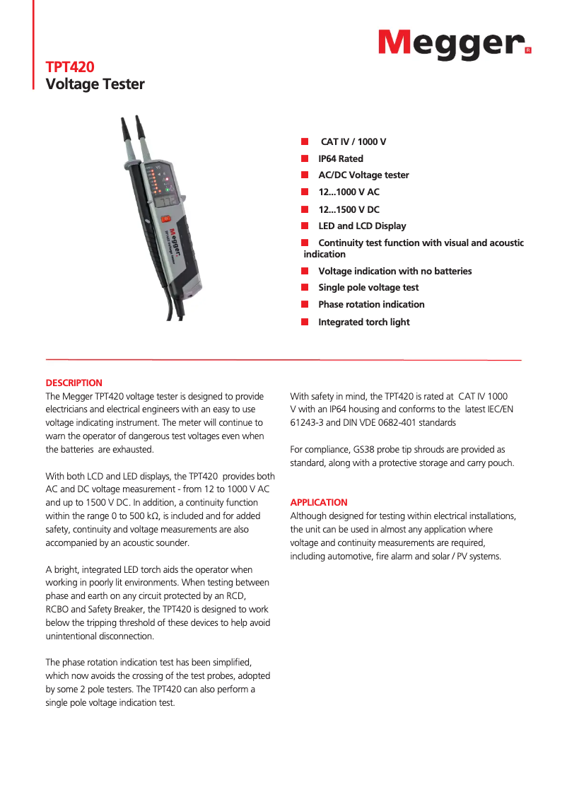 Page 1 de la notice Fiche technique Megger TPT420