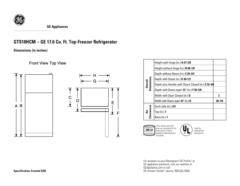 Page n°1 - Fiche technique GE GTS18HCMWW