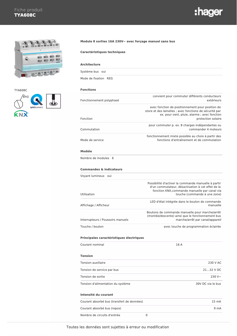 Page 1 de la notice Fiche technique Hager TYA608C