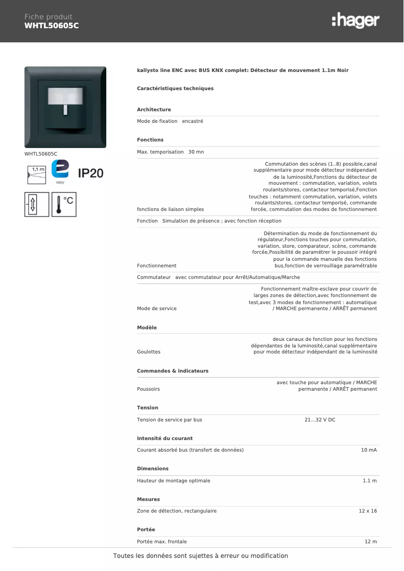 Page 1 de la notice Fiche technique Hager WHTL50605C