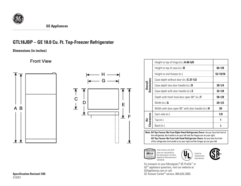 Page n°1 - Fiche technique GE GTL18JBPBS