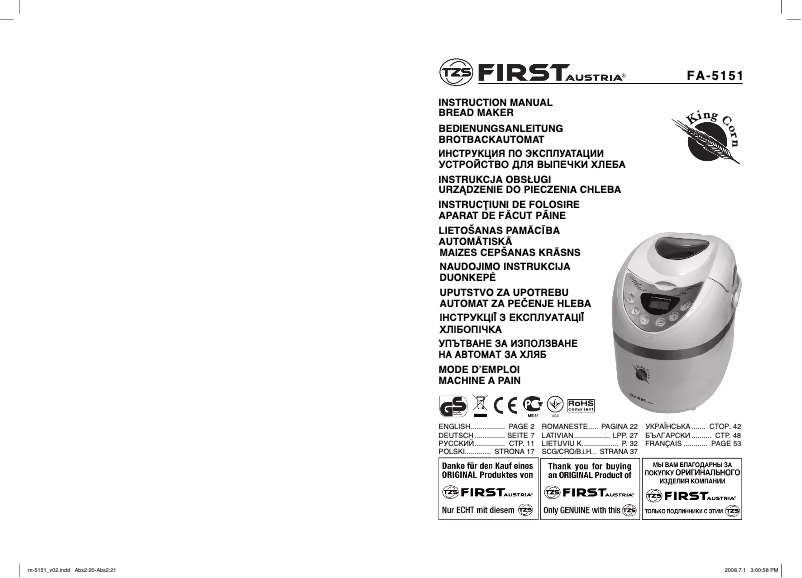 Page 1 de la notice Manuel utilisateur First Austria FA-5151