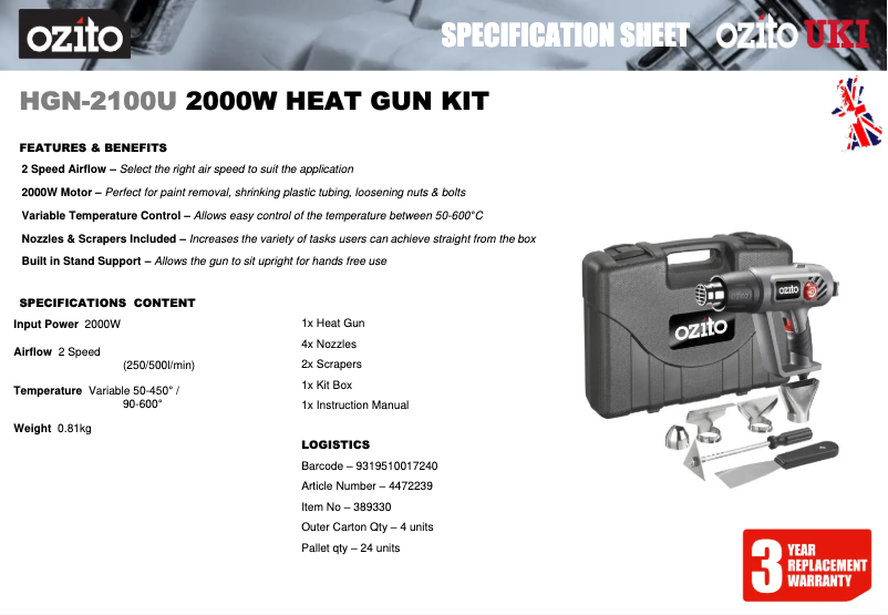 Page 1 de la notice Fiche technique Ozito HGN-2100U