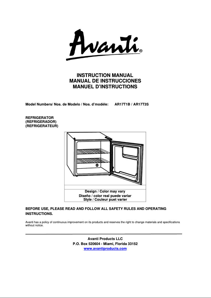 Page 1 de la notice Manuel utilisateur Avanti AR17T3S