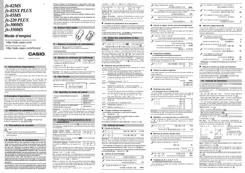 Page 1 de la notice Manuel utilisateur Casio FX-82SX Plus