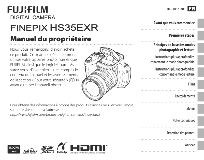 Page 1 de la notice Manuel utilisateur Fujifilm FinePix HS35EXR