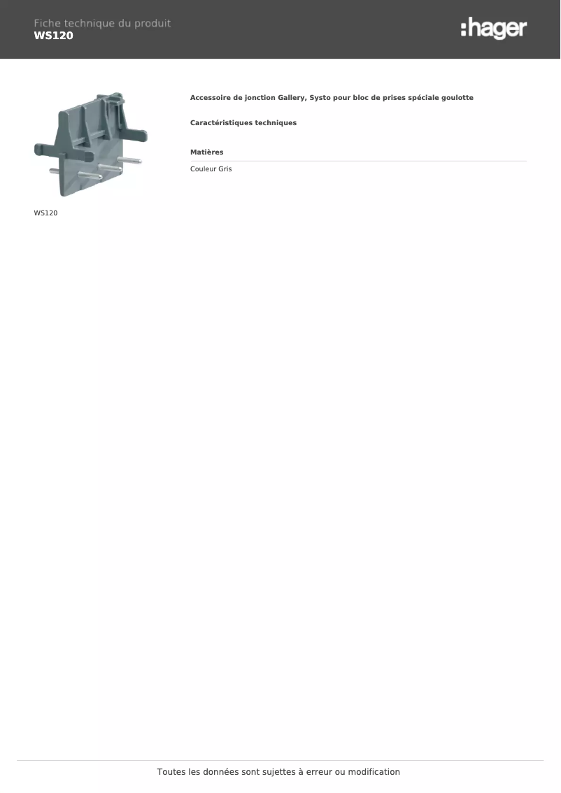 Page 1 de la notice Fiche technique Hager WS120
