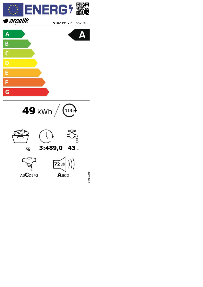 Page 1 de la notice Label énergétique Arçelik 9102 PMG