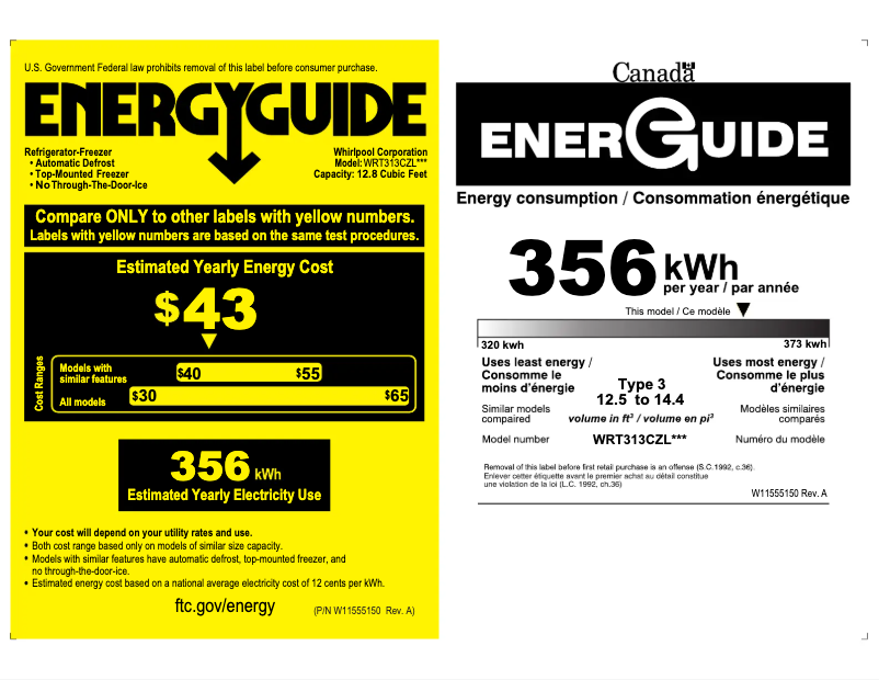 Page 1 de la notice Label énergétique Whirlpool WRT313CZLW