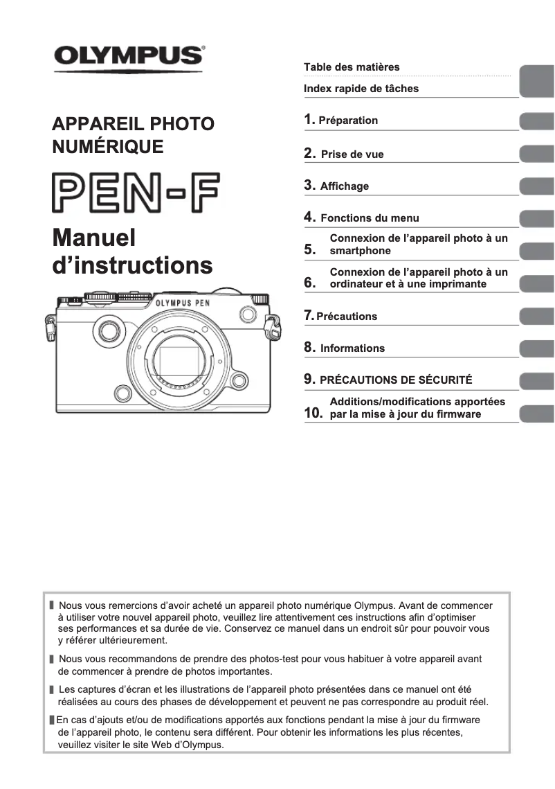 Image de la première page du manuel de l'appareil PEN-F