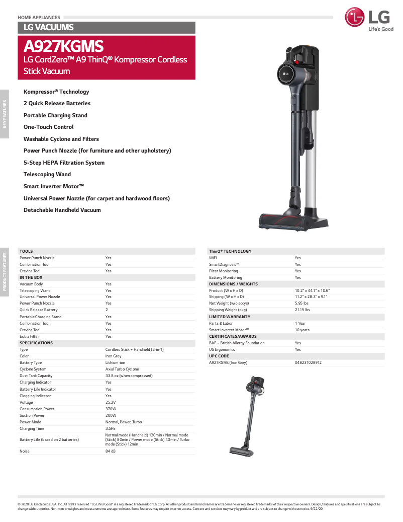 Página 1 del manual Ficha técnica LG A927KGMS